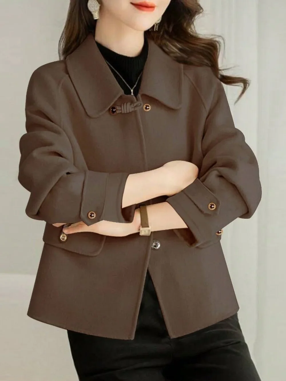 Coffee Brown Casual Women's French Thick Tweed Jacket